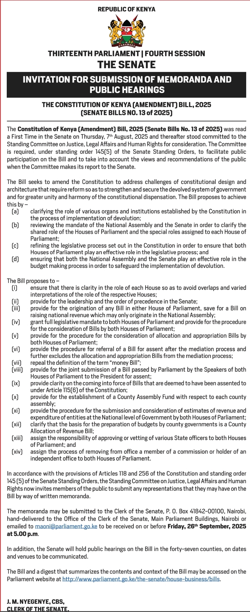 INVITATION FOR SUBMISSION OF MEMORANDA AND PUBLIC HEARING 