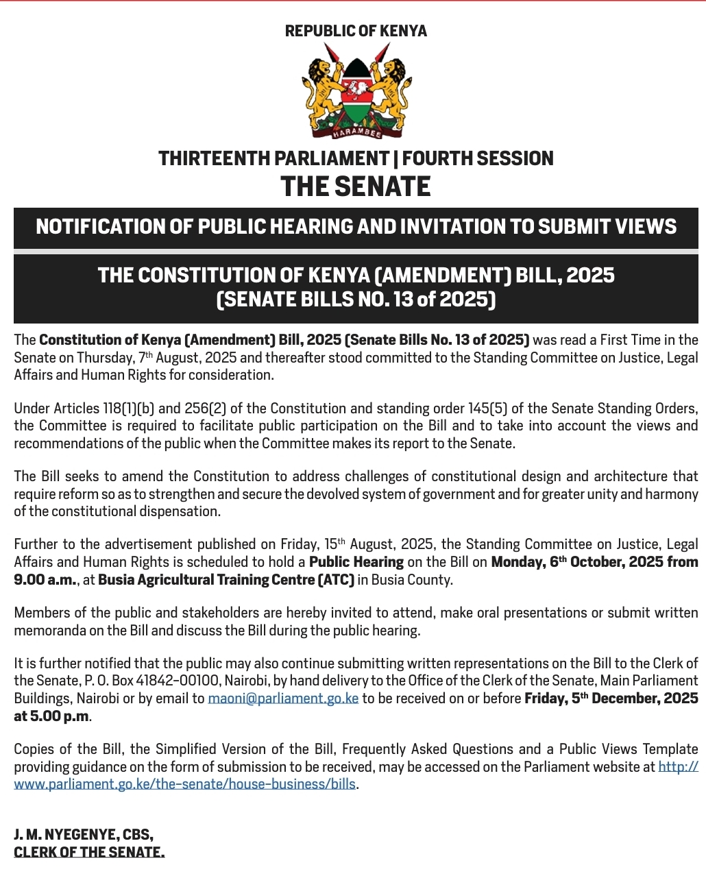NOTIFICATION OF PUBLIC HEARING AND INVITATION TO SUBMIT VIEWS