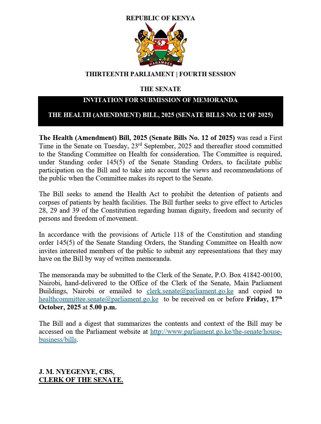 INVITATION FOR SUBMISSION OF MEMORANDA 