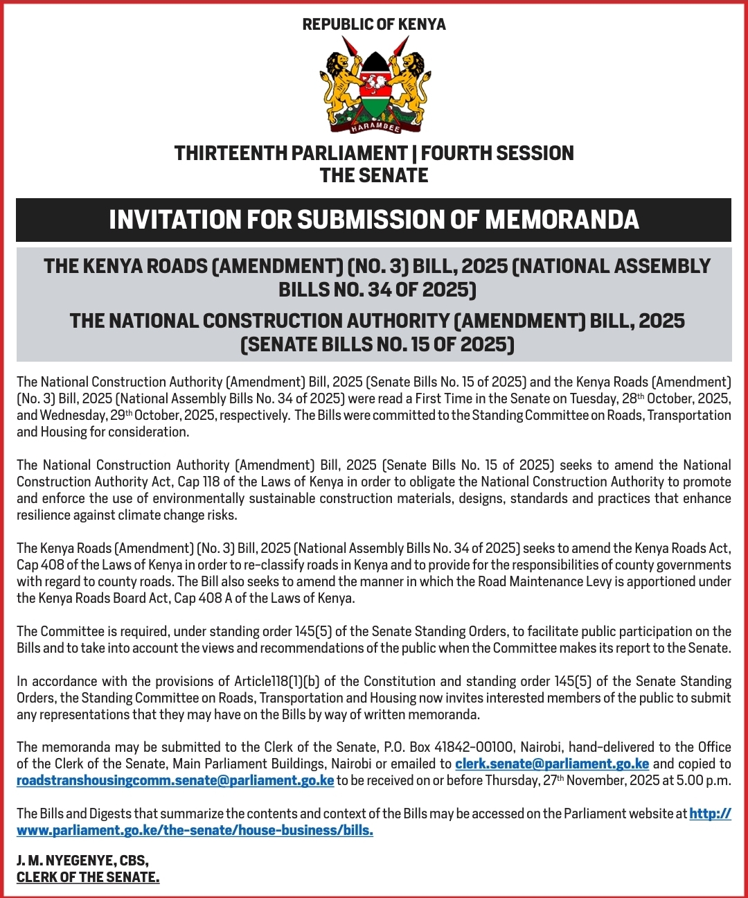 INVITATION FOR SUBMISSION OF MEMORANDA 