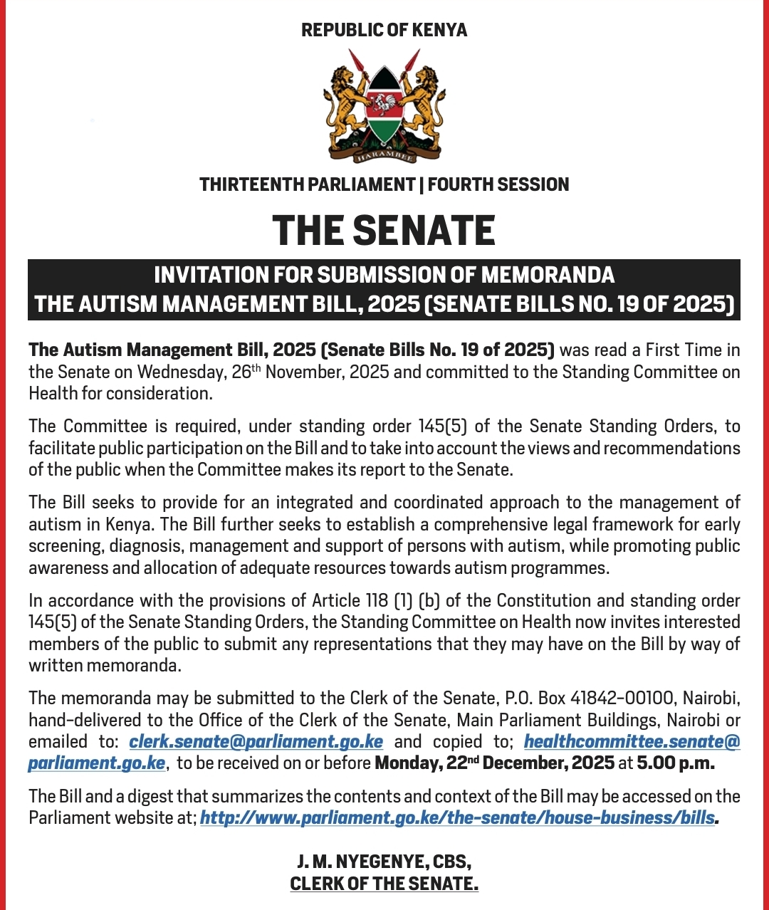 INVITATION FOR SUBMISSION OF MEMORANDA 