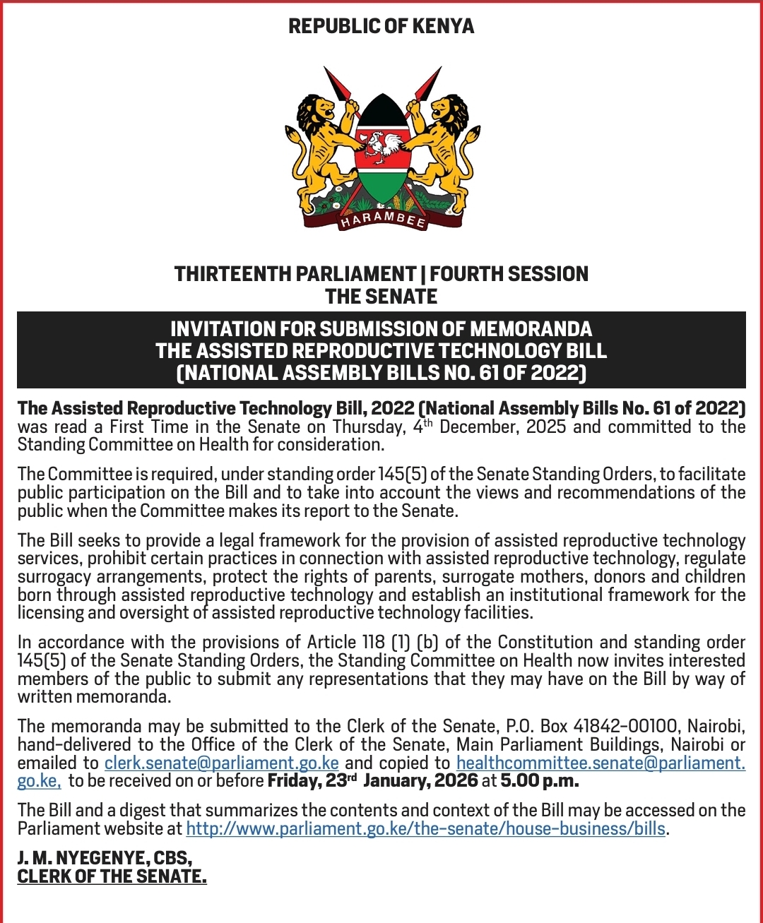INVITATION FOR SUBMISSION OF MEMORANDA 