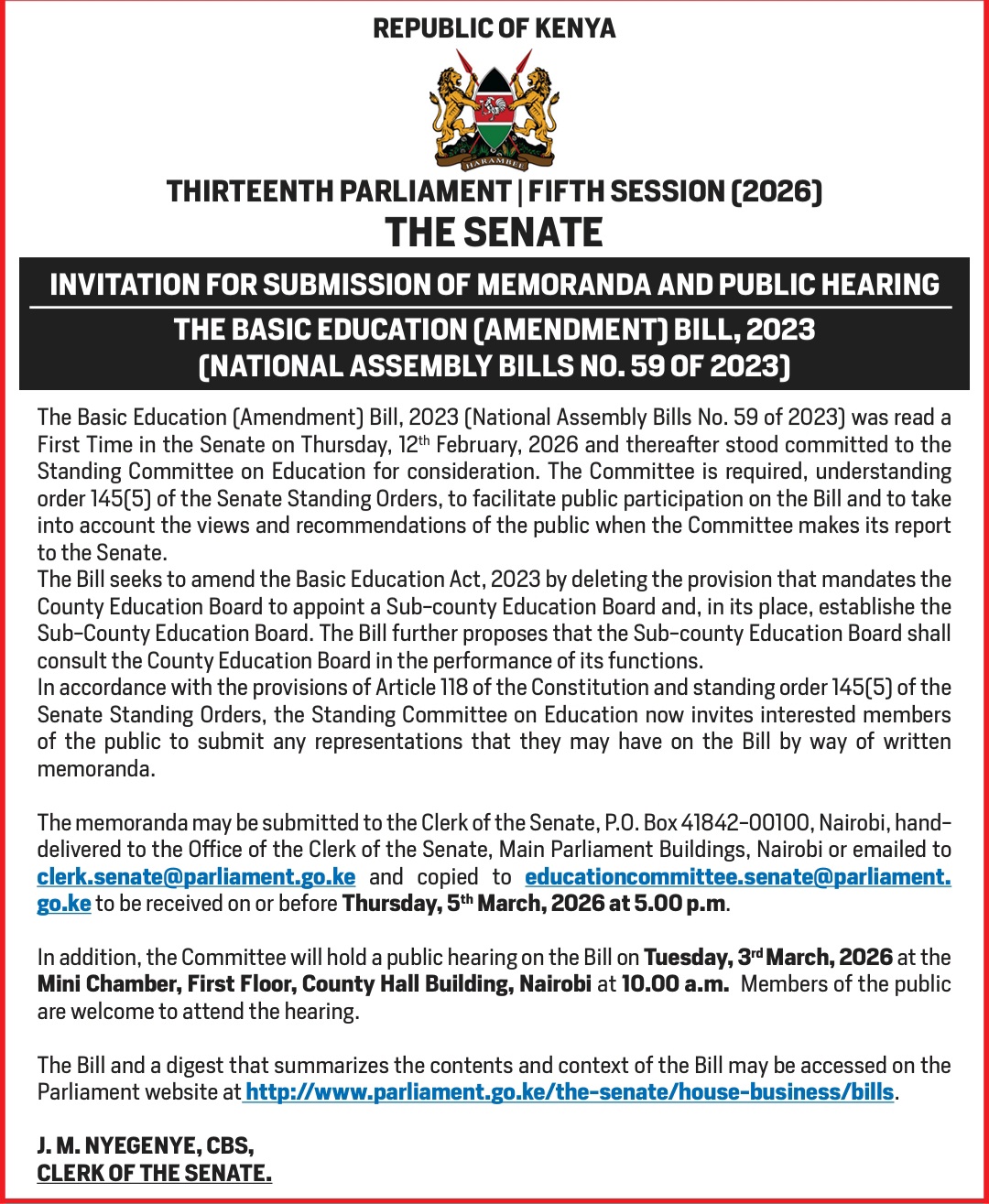 INVITATION FOR SUBMISSION OF MEMORANDA 
