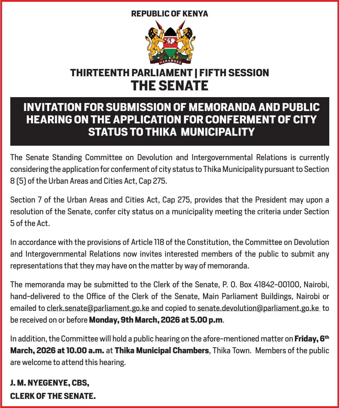 INVITATION FOR SUBMISSION OF MEMORANDA: 𝐇𝐚𝐯𝐞 𝐲𝐨𝐮𝐫 𝐒𝐚𝐲 𝐨𝐧 𝐭𝐡𝐞 𝐂𝐨𝐧𝐟𝐞𝐫𝐦𝐞𝐧𝐭 𝐨𝐟 𝐂𝐢𝐭𝐲 𝐒𝐭𝐚𝐭𝐮𝐬 𝐭𝐨 𝐓𝐡𝐢𝐤𝐚 𝐌𝐮𝐧𝐢𝐜𝐢𝐩𝐚𝐥𝐢𝐭𝐲  