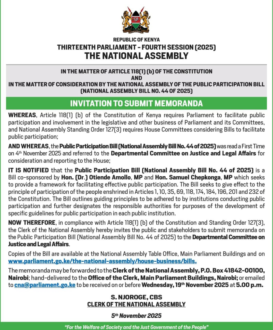 INVITATION TO SUBMIT MEMORANDUM 