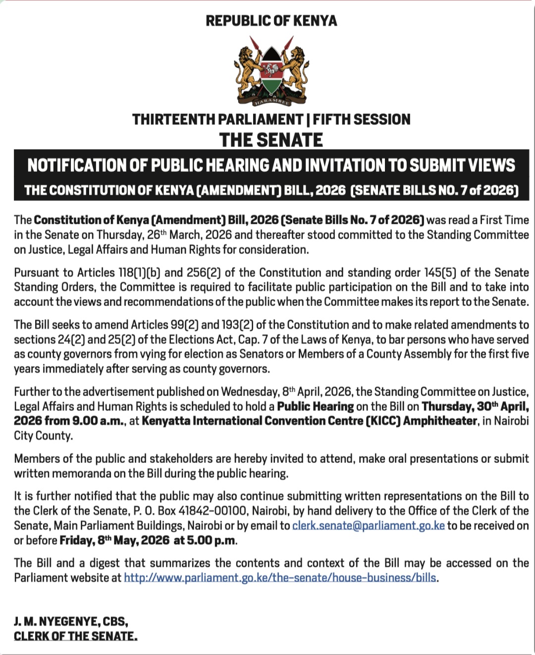 𝐏𝐔𝐁𝐋𝐈𝐂 𝐍𝐎𝐓𝐈𝐂𝐄: 𝐂𝐀𝐋𝐋 𝐅𝐎𝐑 𝐕𝐈𝐄𝐖𝐒 𝐎𝐍 𝐓𝐇𝐄 𝐂𝐎𝐍𝐒𝐓𝐈𝐓𝐔𝐓𝐈𝐎𝐍 𝐎𝐅 𝐊𝐄𝐍𝐘𝐀 (𝐀𝐌𝐄𝐍𝐃𝐌𝐄𝐍𝐓) 𝐁𝐈𝐋𝐋, 𝟐𝟎𝟐𝟔  