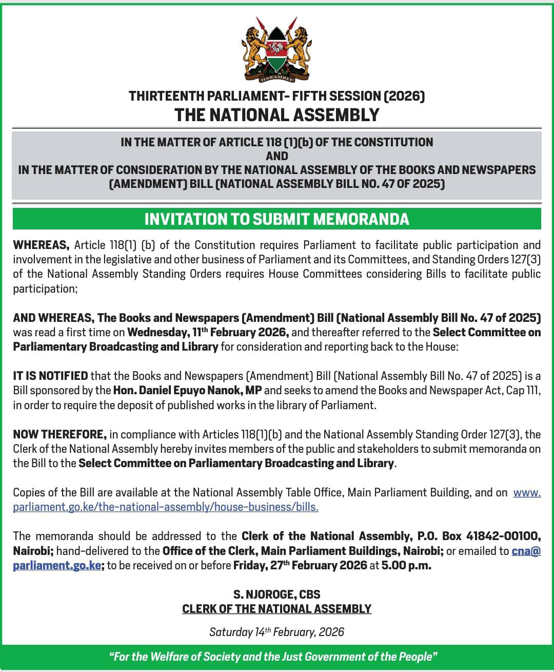 INVITATION TO SUBMIT MEMORANDA IN THE MATTER OF CONSIDERATION BY THE NATIONAL ASSEMBLY OF THE BOOKS AND NEWSPAPER AMENDMENT BILL.