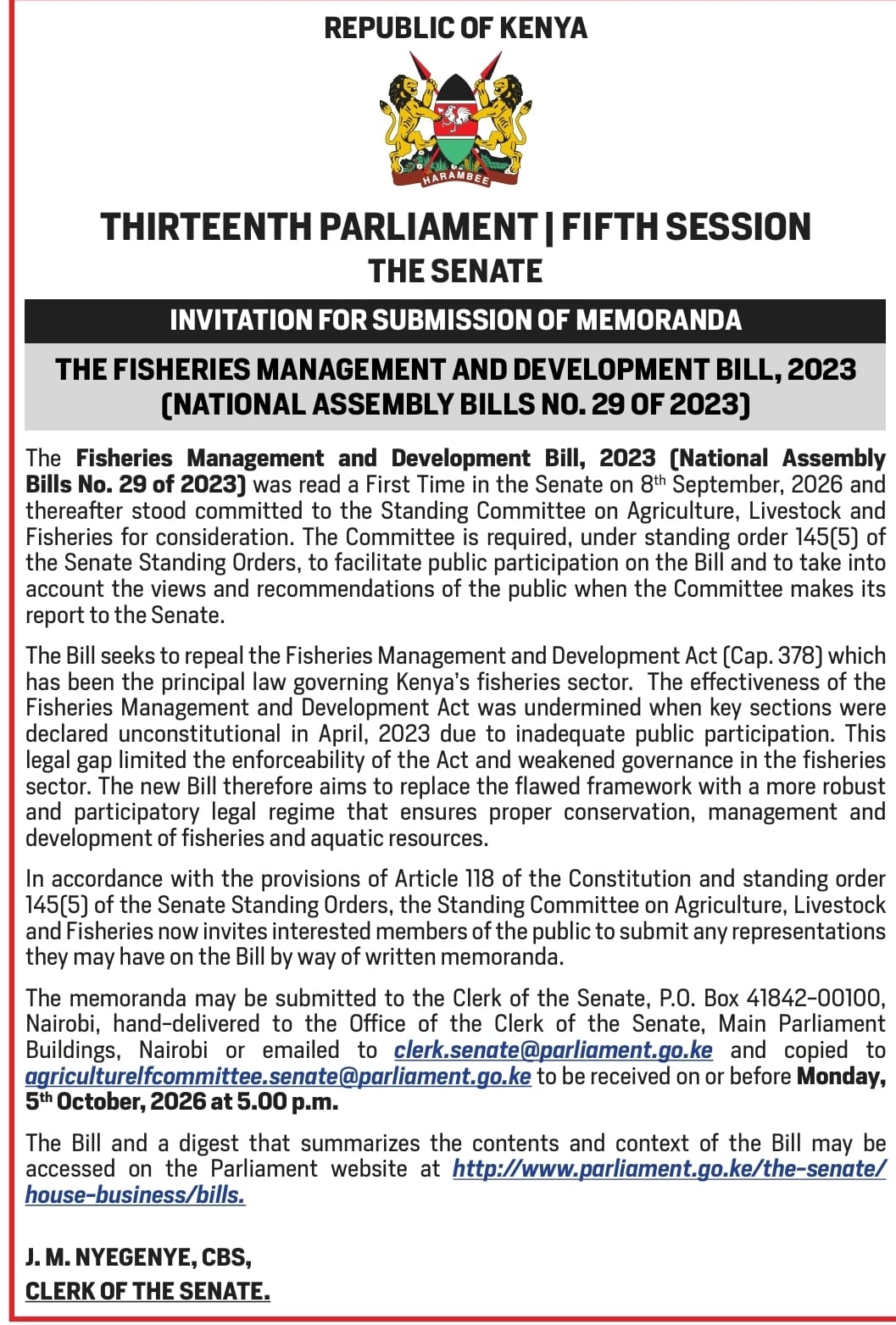 SUBMISSION OF MEMORANDA :THE FISHERIES MANAGEMENT AND DEVELOPMENT BILL, 2023  (NATIONAL ASSEMBLY BILLS NO. 29 OF 2023) 