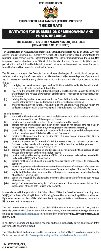 INVITATION FOR SUBMISSION OF MEMORANDA AND PUBLIC HEARINGS :- THE CONSTITUTION OF KENYA ( AMENDMENT) BILL, 2025  ( SENATE BILLS NO. 13 of 2025)