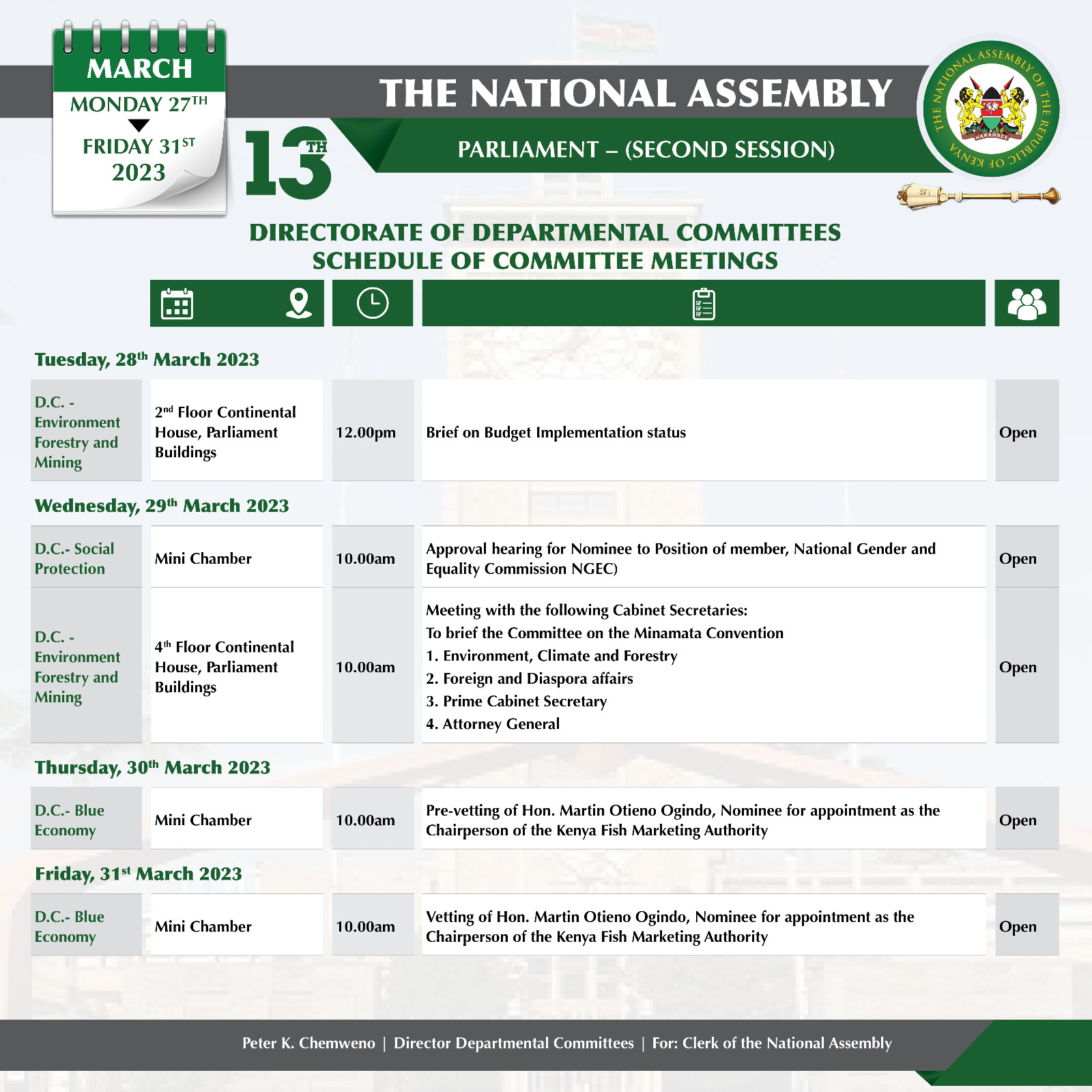 DIRECTORATE OF DEPARTMENTAL COMMITTEES SCHEDULE OF COMMITTEE MEETINGS