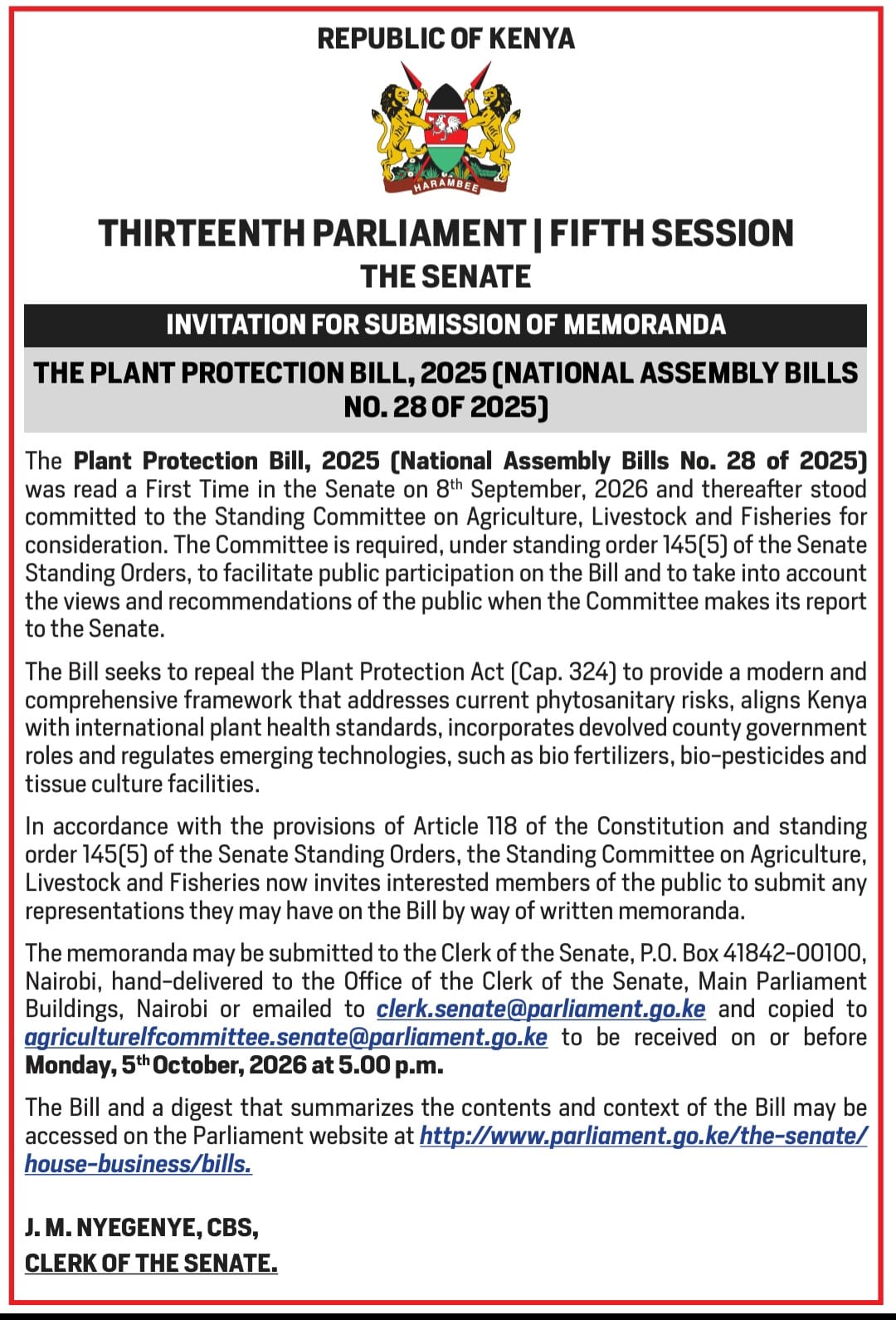 SUBMISSION OF MEMORANDA : THE PLANT PROTECTION BILL, 2025 (NATIONAL ASSEMBLY BILLS NO. 28 OF 2025) 