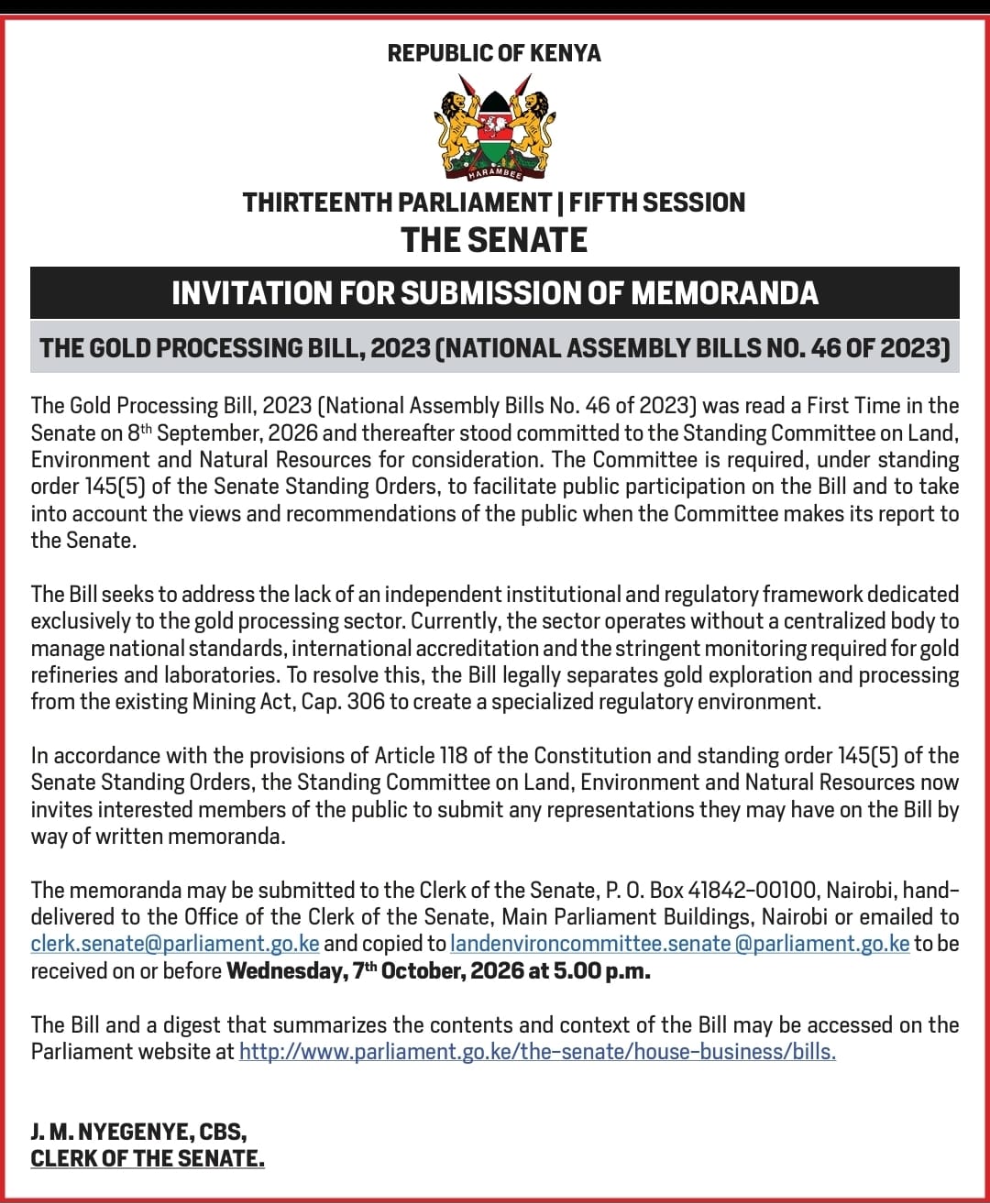 SUBMISSION OF MEMORANDA  THE GOLD PROCESSING BILL, 2023 