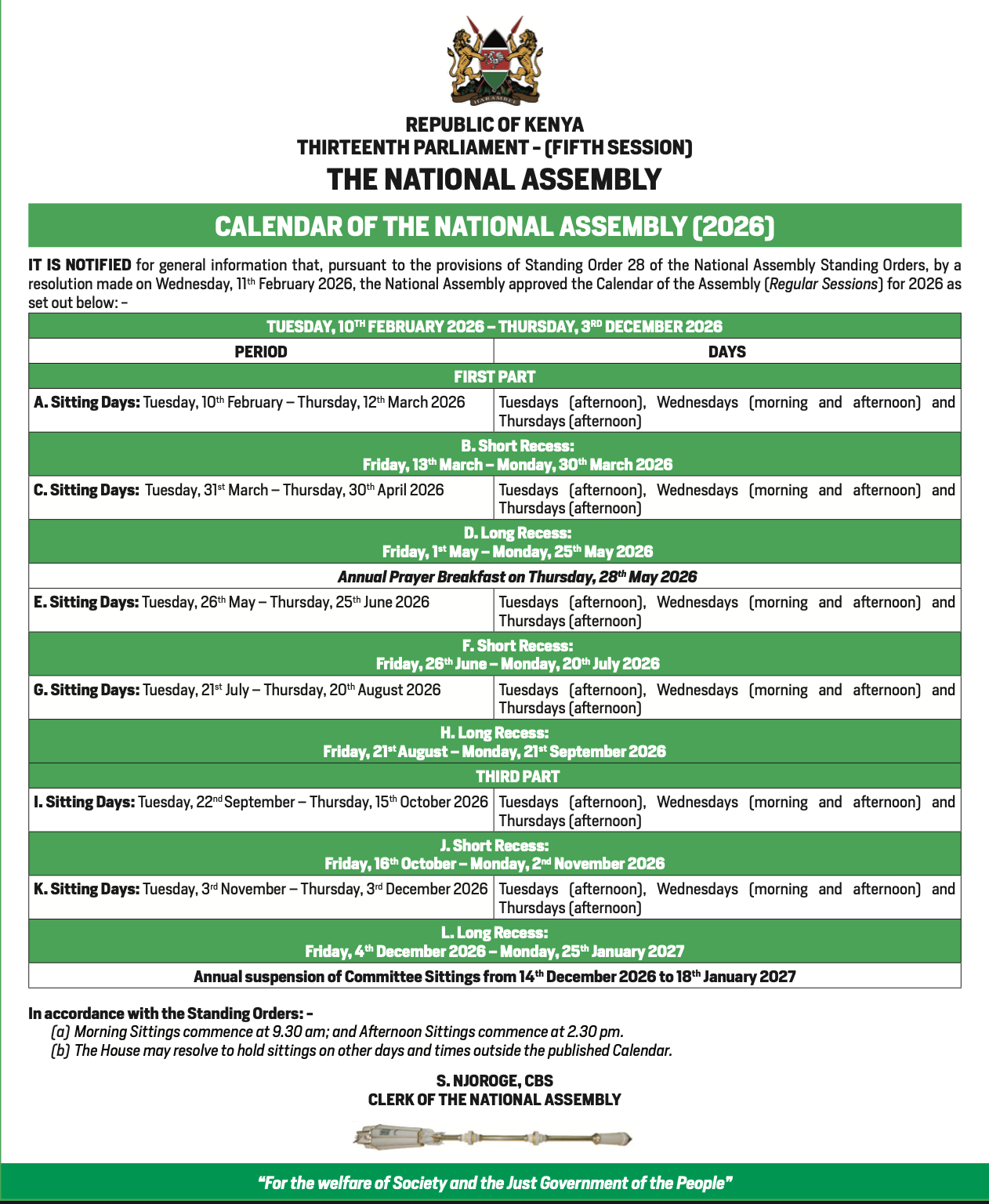 Calendar of the National Assembly for the Fifth Session (2026)