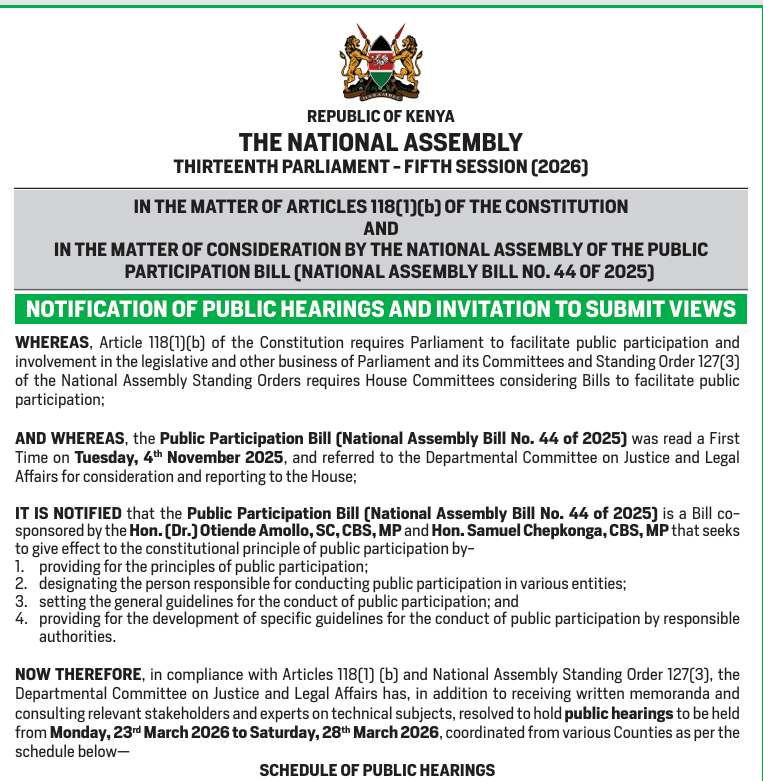 NOTIFICATION OF PUBLIC HEARINGS AND INVITATION TO SUBMIT VIEWS