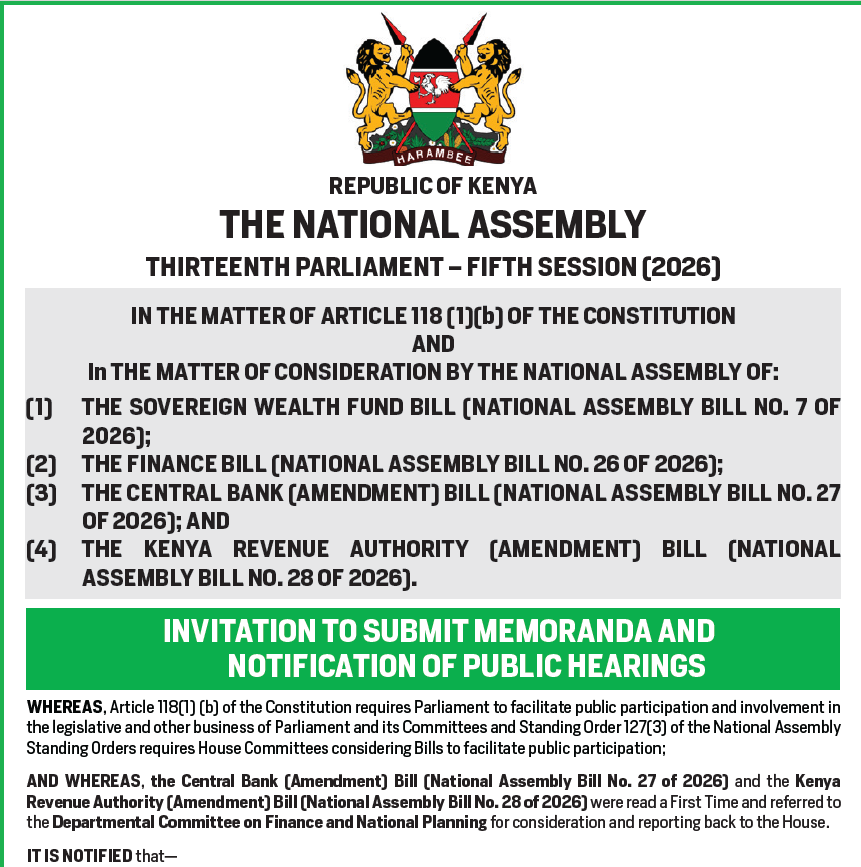 INVITATION TO SUBMIT MEMORANDA AND NOTIFICATION OF PUBLIC HEARINGS