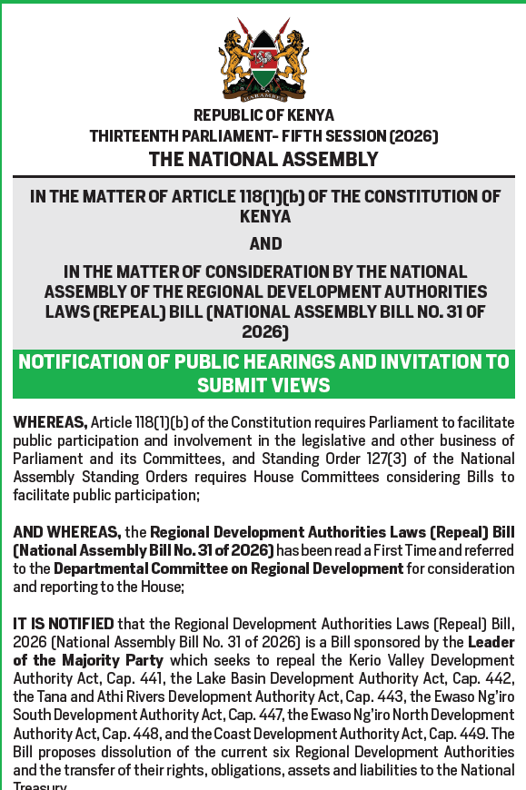 NOTIFICATION OF PUBLIC HEARINGS AND INVITATION TO SUBMIT VIEWS