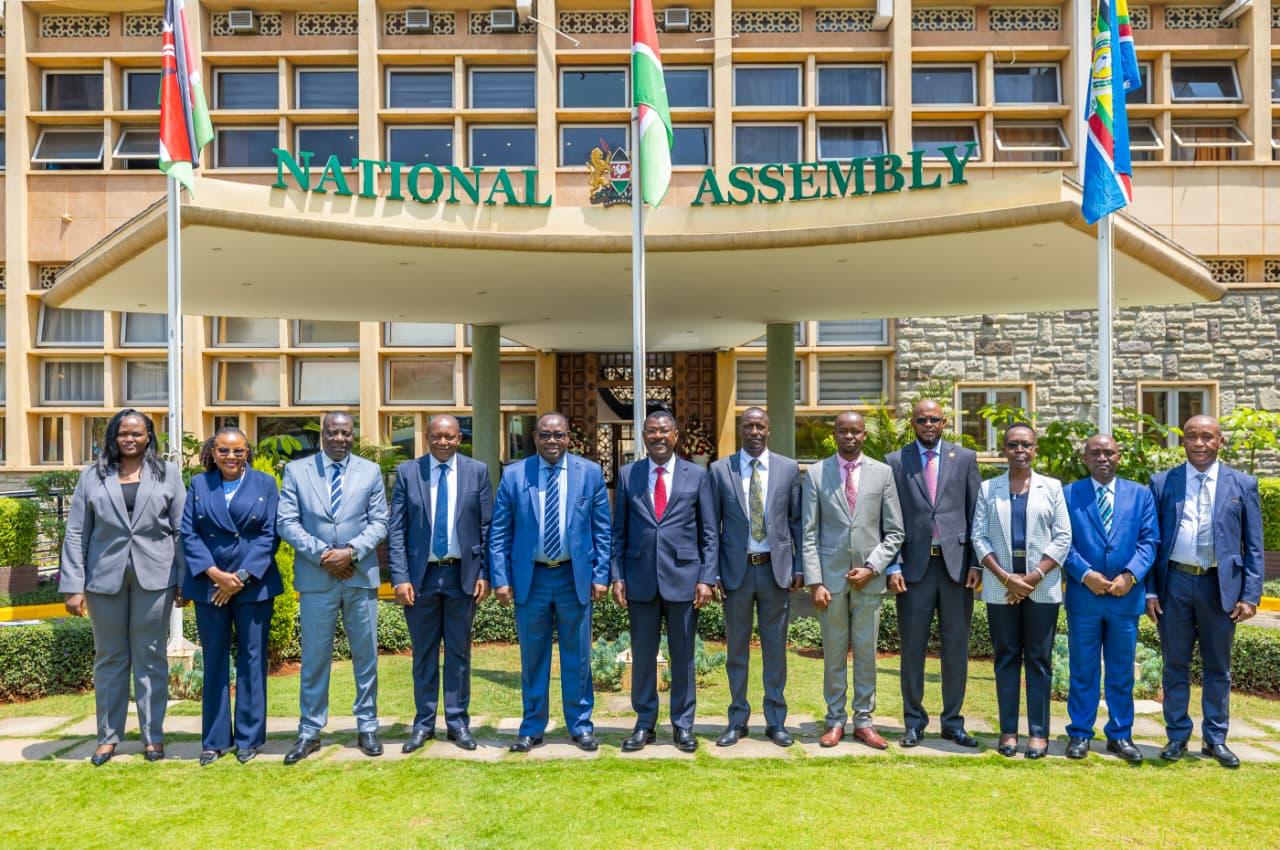 National Assembly Speaker Moses Wetang’ula and the National Cohesion and Integration Commission (NCIC) Chairperson, Bishop Kepha Omae, flanked by Members and Commissioners, pose for a picture at the Parliament Buildings on Wednesday, August 5, 2026, after a Courtesy meeting. 