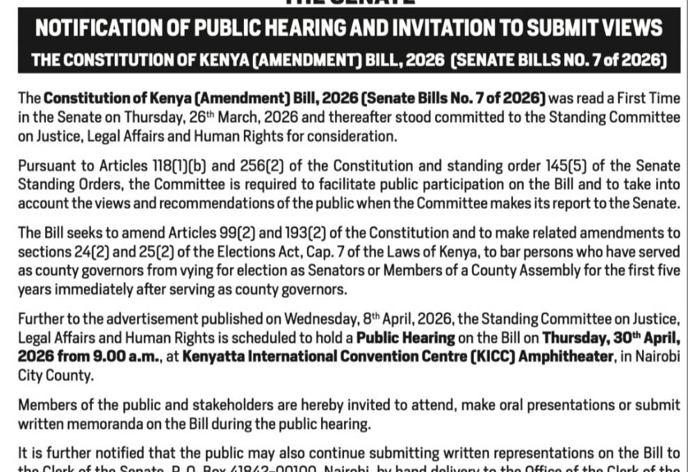 𝐏𝐔𝐁𝐋𝐈𝐂 𝐍𝐎𝐓𝐈𝐂𝐄: 𝐂𝐀𝐋𝐋 𝐅𝐎𝐑 𝐕𝐈𝐄𝐖𝐒 𝐎𝐍 𝐓𝐇𝐄 𝐂𝐎𝐍𝐒𝐓𝐈𝐓𝐔𝐓𝐈𝐎𝐍 𝐎𝐅 𝐊𝐄𝐍𝐘𝐀 (𝐀𝐌𝐄𝐍𝐃𝐌𝐄𝐍𝐓) 𝐁𝐈𝐋𝐋, 𝟐𝟎𝟐𝟔  