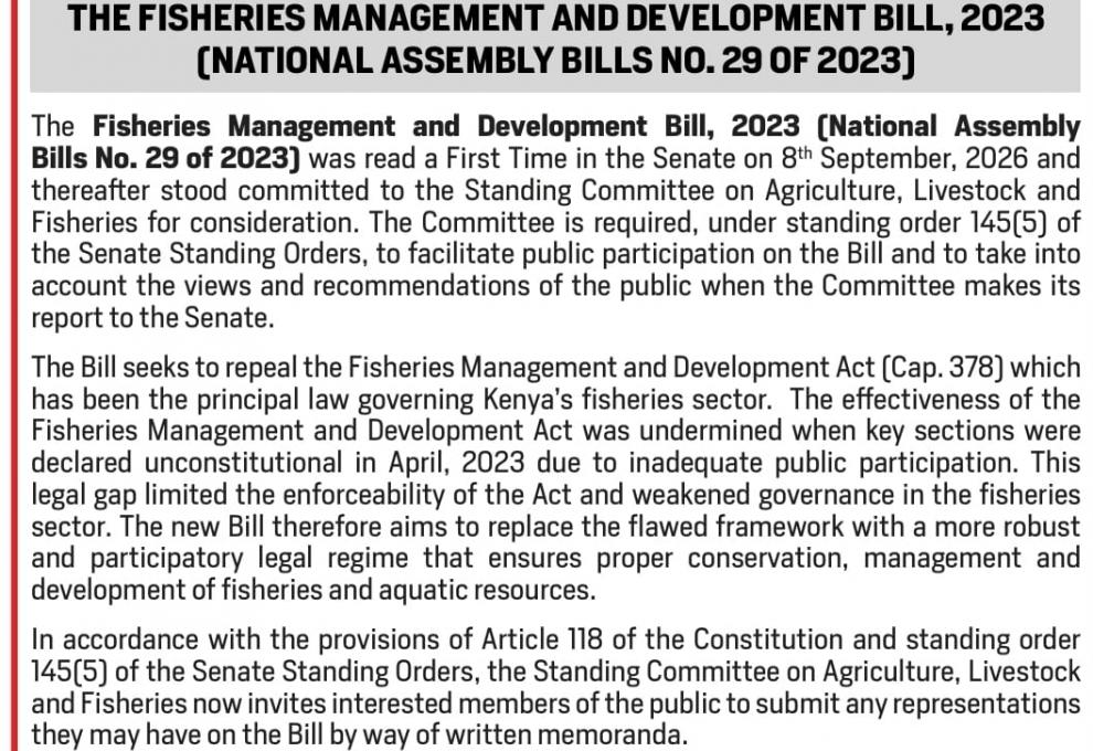 SUBMISSION OF MEMORANDA :THE FISHERIES MANAGEMENT AND DEVELOPMENT BILL, 2023  (NATIONAL ASSEMBLY BILLS NO. 29 OF 2023) 