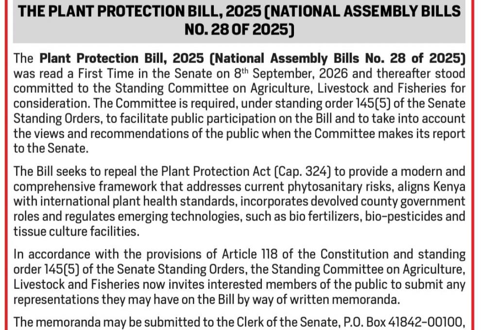 SUBMISSION OF MEMORANDA : THE PLANT PROTECTION BILL, 2025 (NATIONAL ASSEMBLY BILLS NO. 28 OF 2025) 