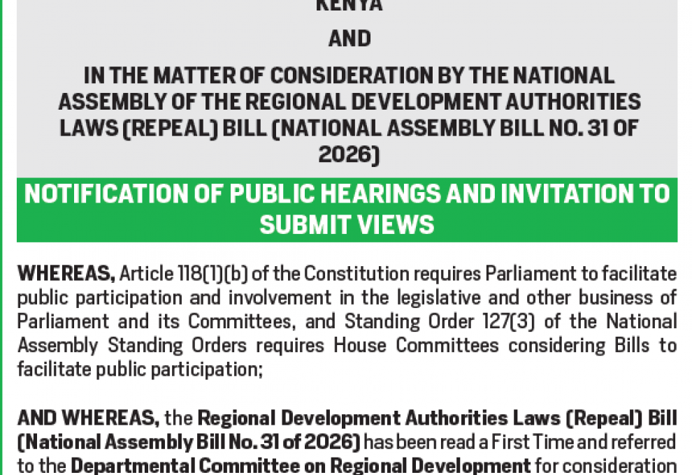 NOTIFICATION OF PUBLIC HEARINGS AND INVITATION TO SUBMIT VIEWS