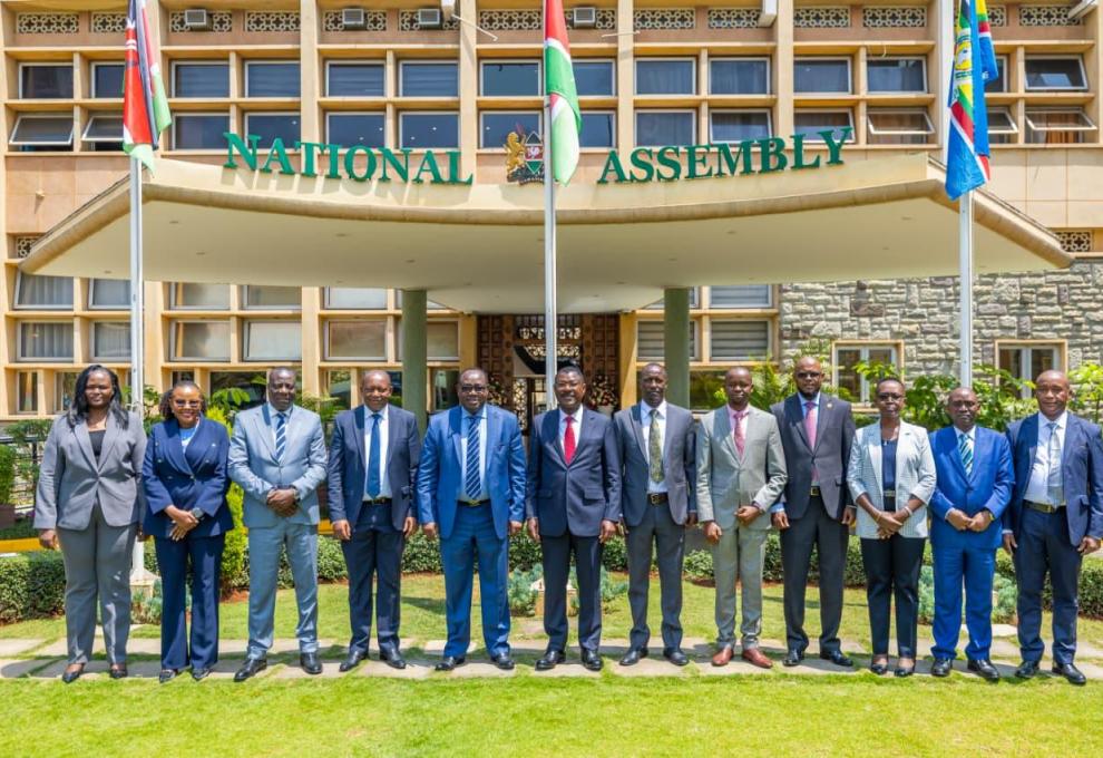 National Assembly Speaker Moses Wetang’ula and the National Cohesion and Integration Commission (NCIC) Chairperson, Bishop Kepha Omae, flanked by Members and Commissioners, pose for a picture at the Parliament Buildings on Wednesday, August 5, 2026, after a Courtesy meeting. 