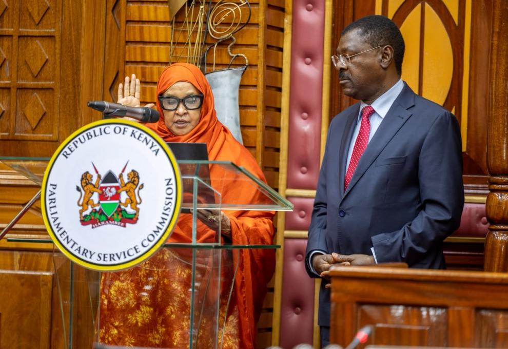 Hon. Fatuma Ibrahim Ali taking the oath of office as the new female non-Member Commissioner.