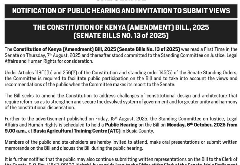 NOTIFICATION OF PUBLIC HEARING AND INVITATION TO SUBMIT VIEWS