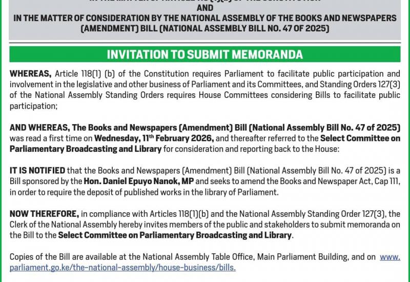 INVITATION TO SUBMIT MEMORANDA IN THE MATTER OF CONSIDERATION BY THE NATIONAL ASSEMBLY OF THE BOOKS AND NEWSPAPER AMENDMENT BILL.