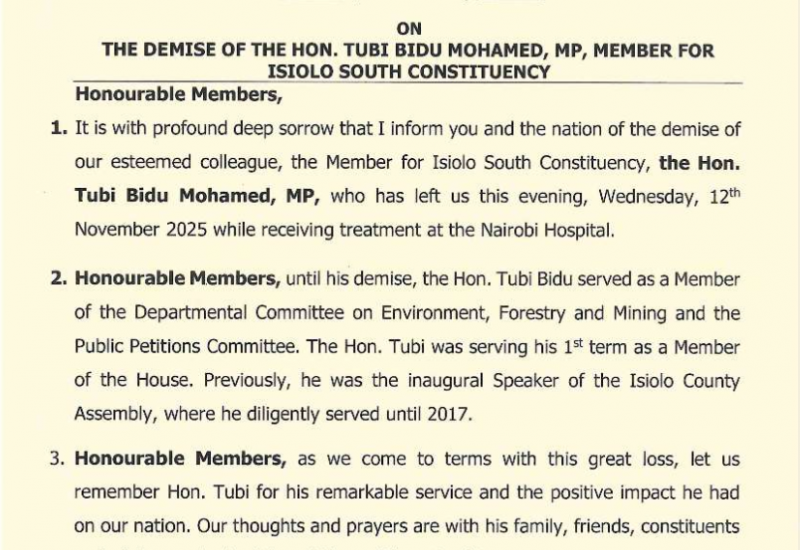 Notification No. 10 of 2025 - The demise of the Hon. Tubi Bidu, MP-Member for Isiolo South Constituency