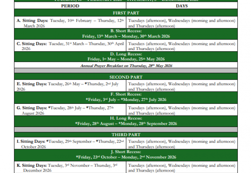 Calendar of the National Assembly for the Fifth Session (2026)